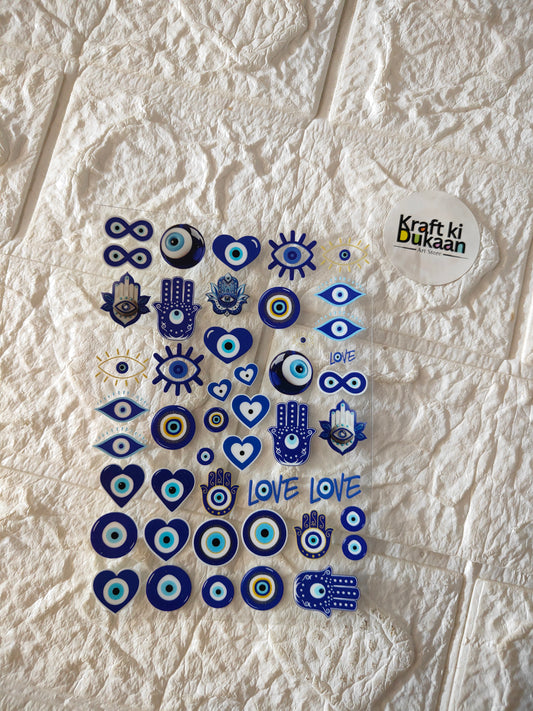 UV DTF peel-off sticker sheet with blue evil eye and heart designs