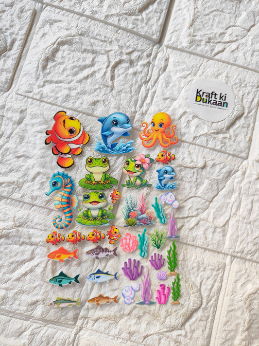 UV DTF peel-off sticker sheet with colorful cartoon sea animals, coral, and plants