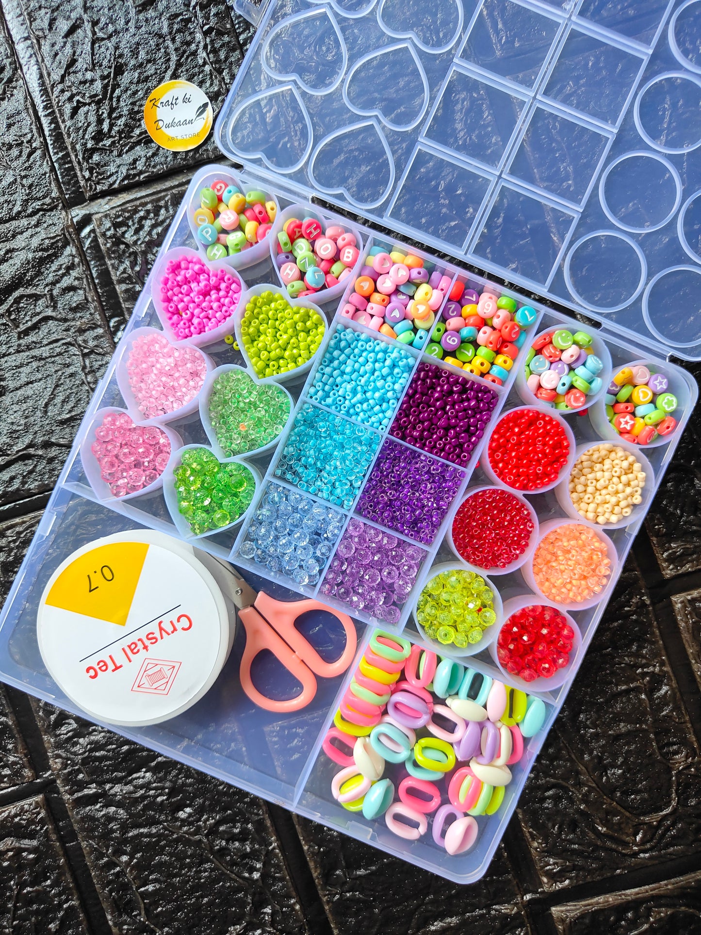 DIY bracelet beads kit compartment tray with colorful beads and heart charms