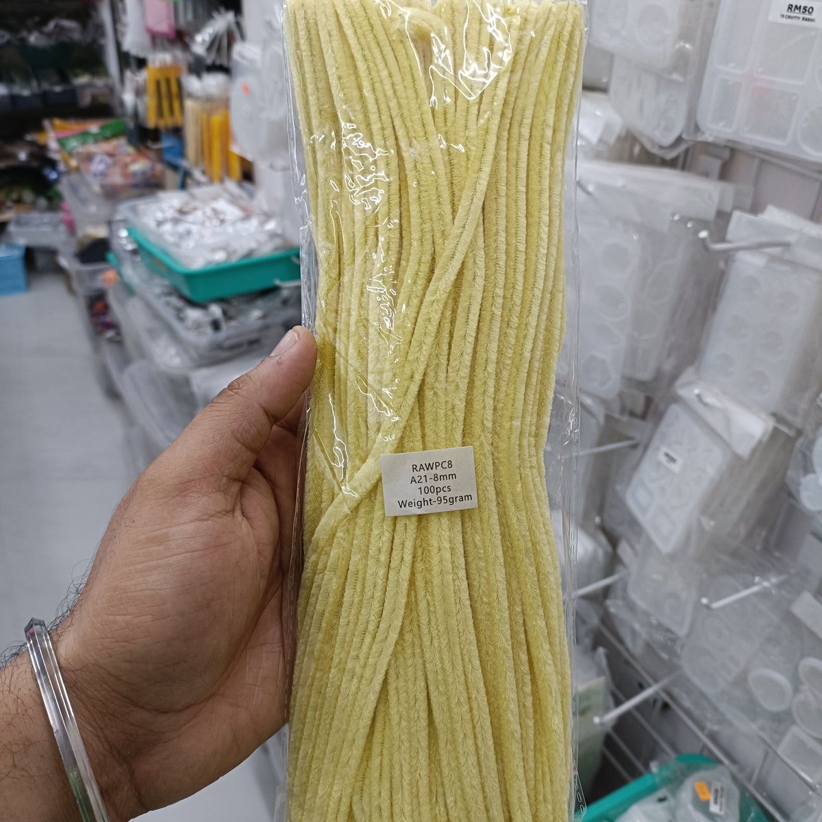 8mm pipe cleaner pack, pale yellow plain 100 pieces in bag