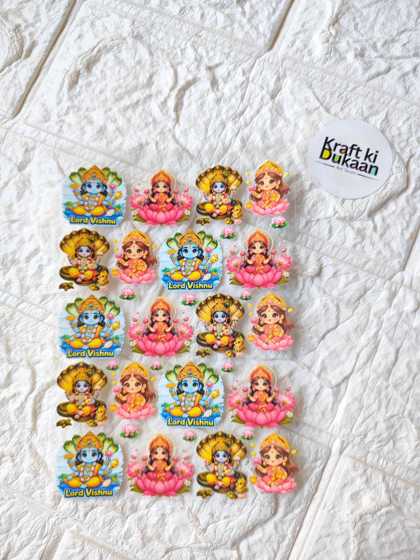 UV DTF peel-off sticker sheet with colorful cartoon Lord Vishnu figures