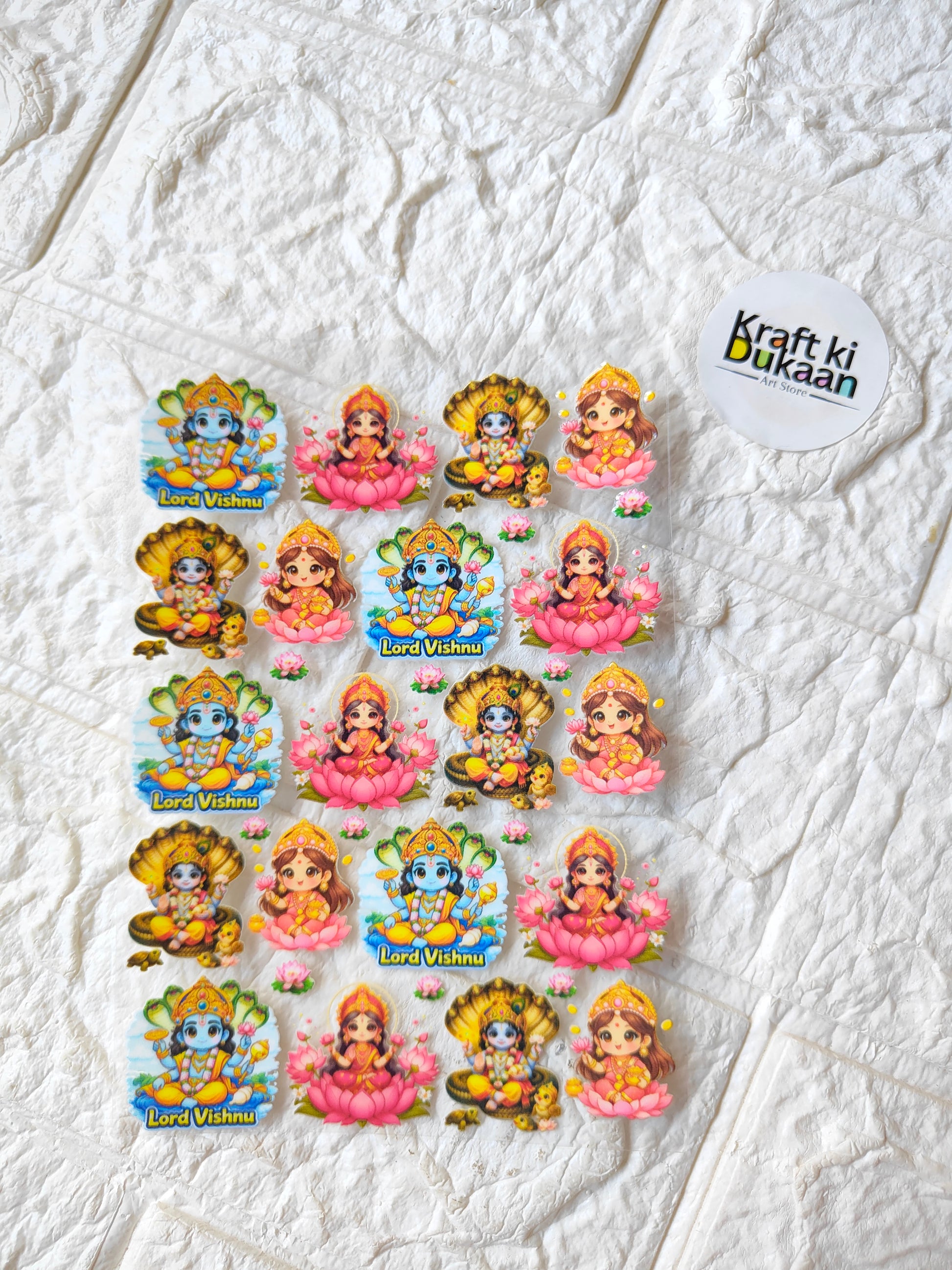UV DTF peel-off sticker sheet with colorful cartoon Lord Vishnu figures