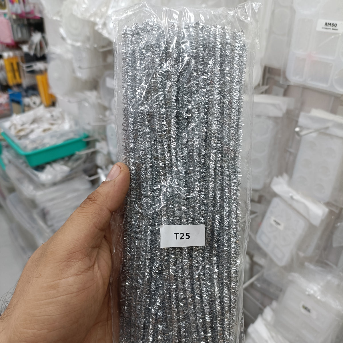 Silver sparkle pipe cleaner bundle with tight coil, pack of 100 in clear plastic