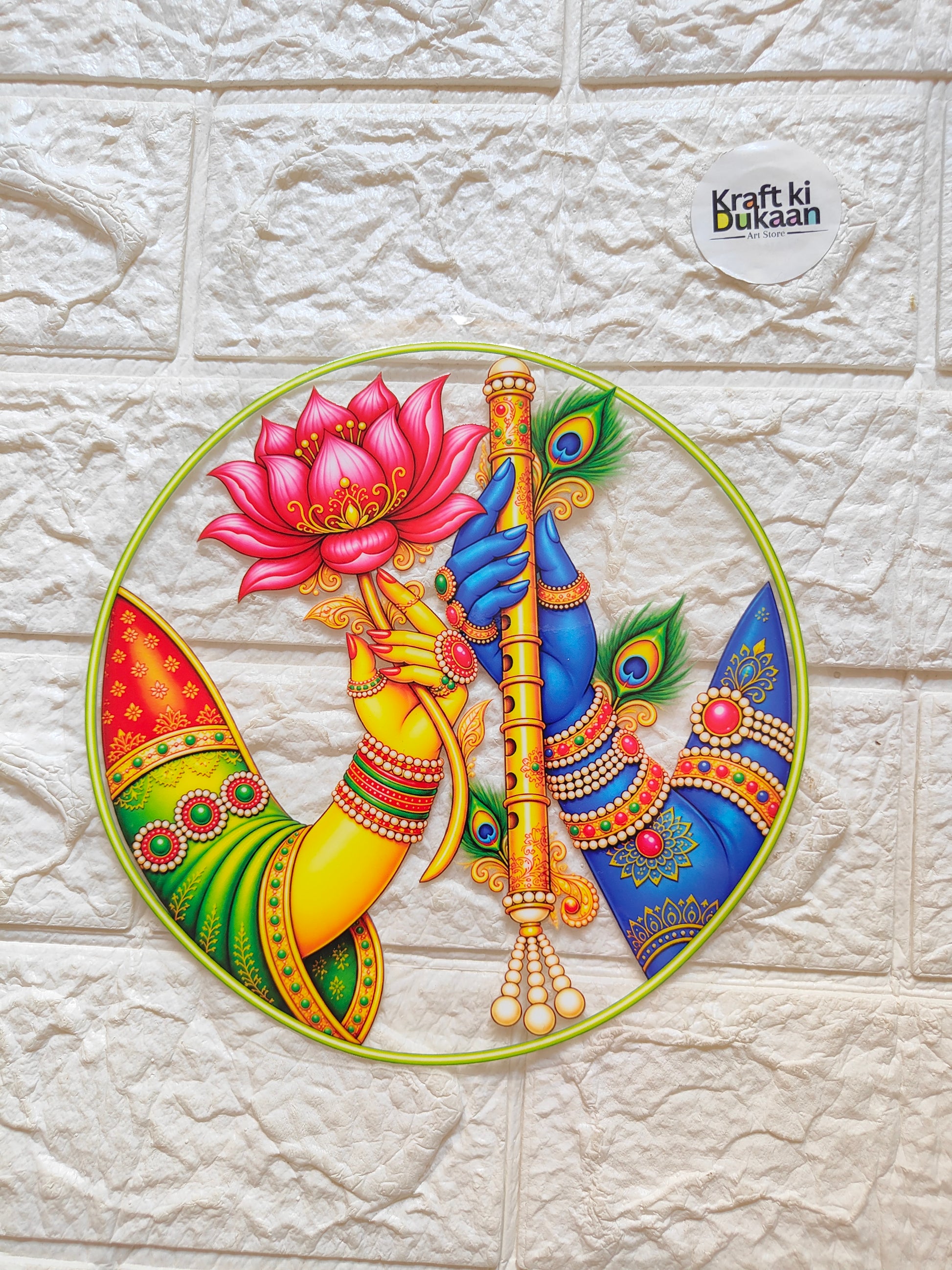Round multicolor peel-off sticker with blue and pink Hindu deity and lotus design