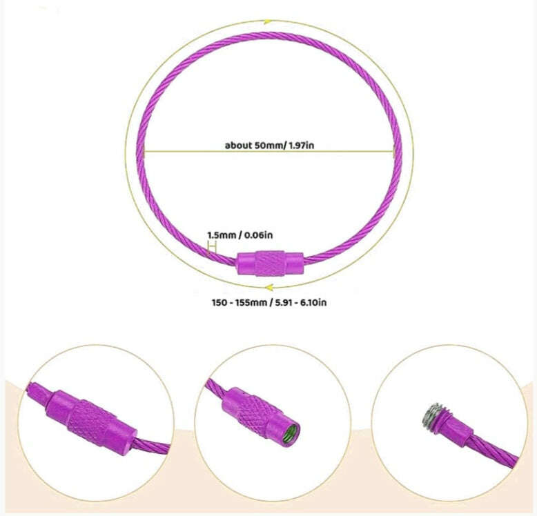 Purple cable wire loop screw clasp, close-up of connector and length details