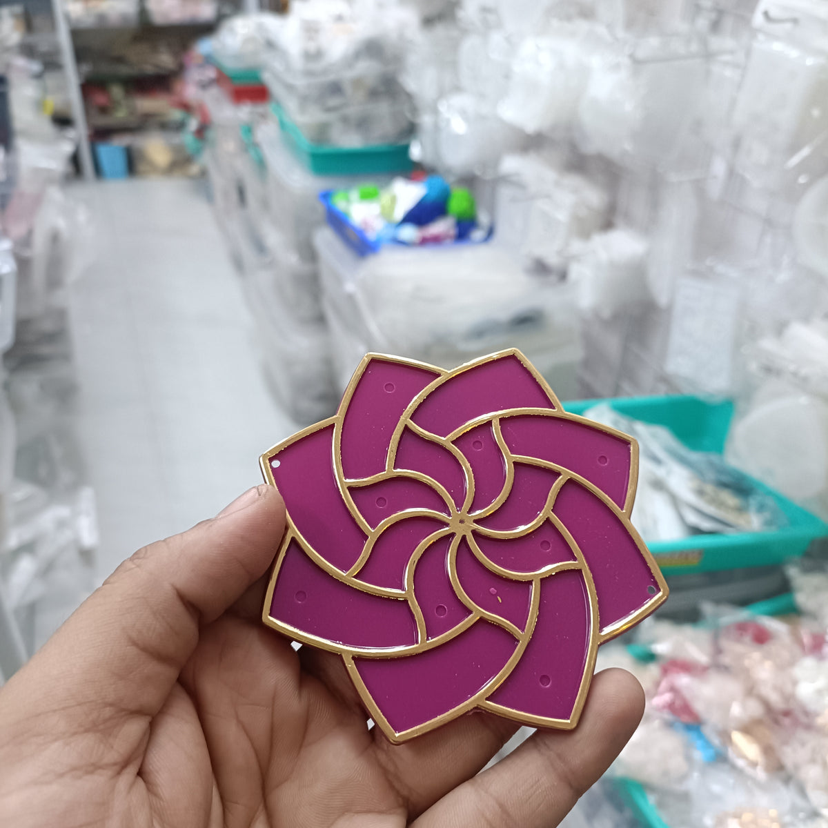 4-inch acrylic rangoli tealight base, rani pink/purple petals with gold outline—set of 2