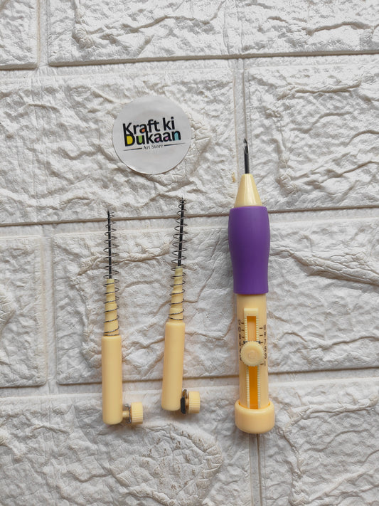 Punch needle set with purple and beige handle tools and multiple needle loops