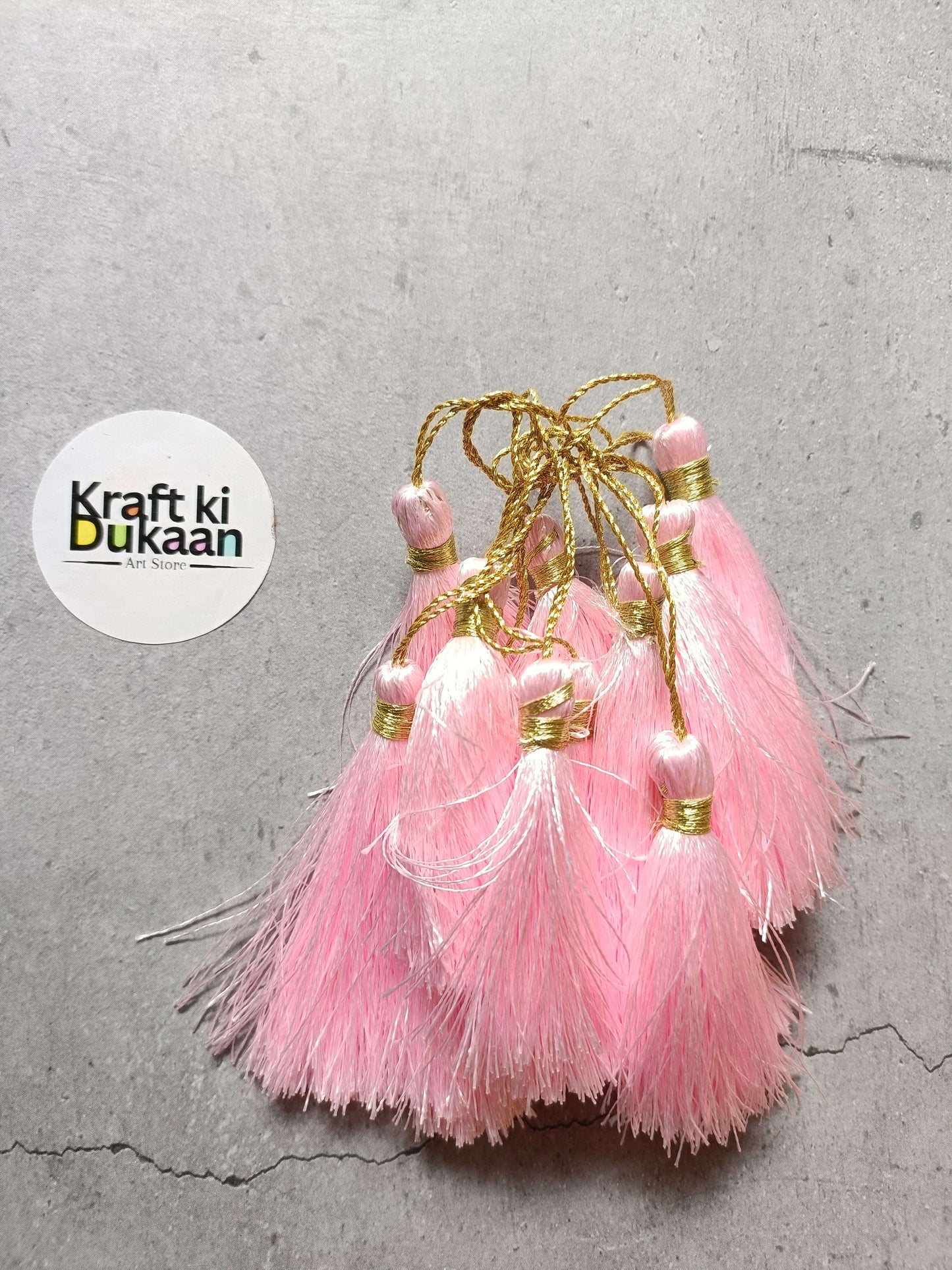 Silk tassel set of 12 light pink tassels with gold caps and hanging loops