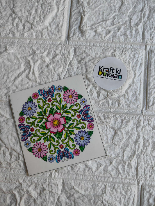 Color sticker sheet with colorful floral mandala design on white backing