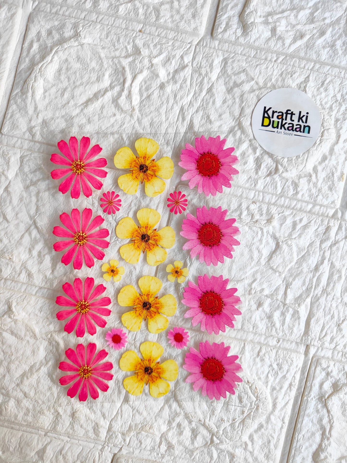Peel-off sticker sheet with pink and yellow flower decals