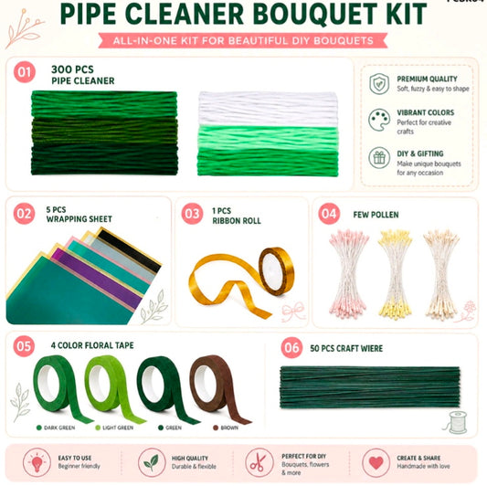 DIY pipe cleaner bouquet kit: green/white pipe cleaners, tape, ribbon, flower picks