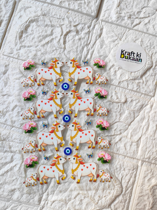 Peel-off sticker sheet with white horse designs, pink flowers, and blue eye motifs