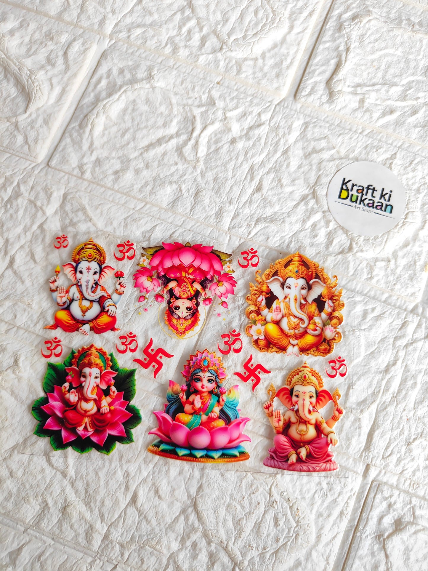 Peel-off sticker sheet with colorful Hindu deity designs and small decorative icons