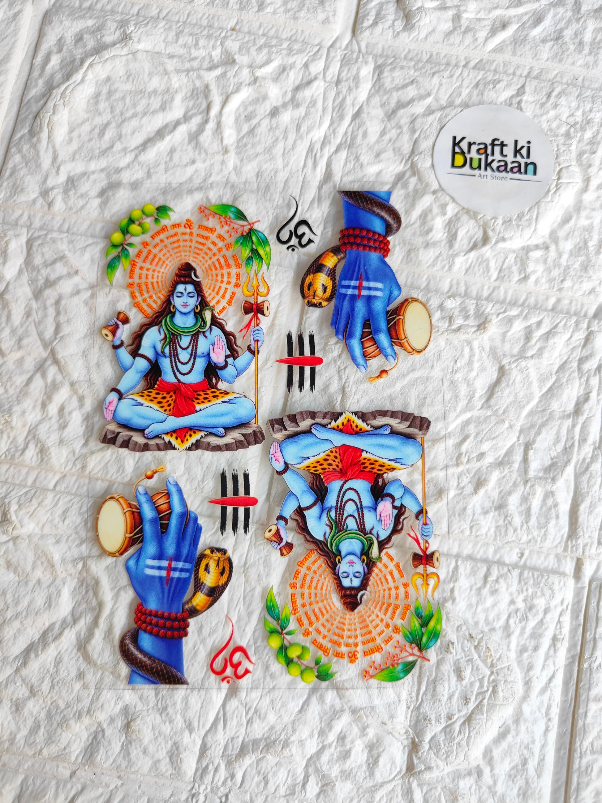Peel-off sticker sheet with colorful cartoon deity figures, orange halos, and floral accents.