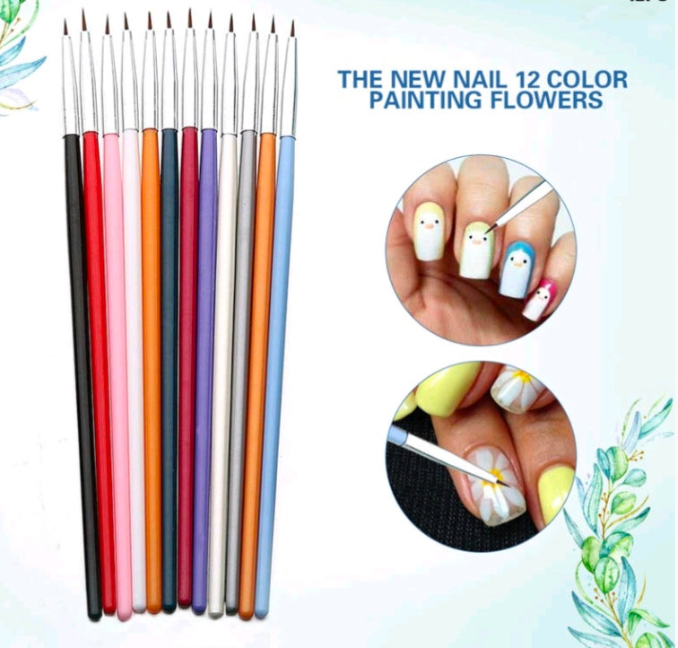 Ultra-thin nail art brush set, 12 thin detail brushes with colored handles and pointed tips