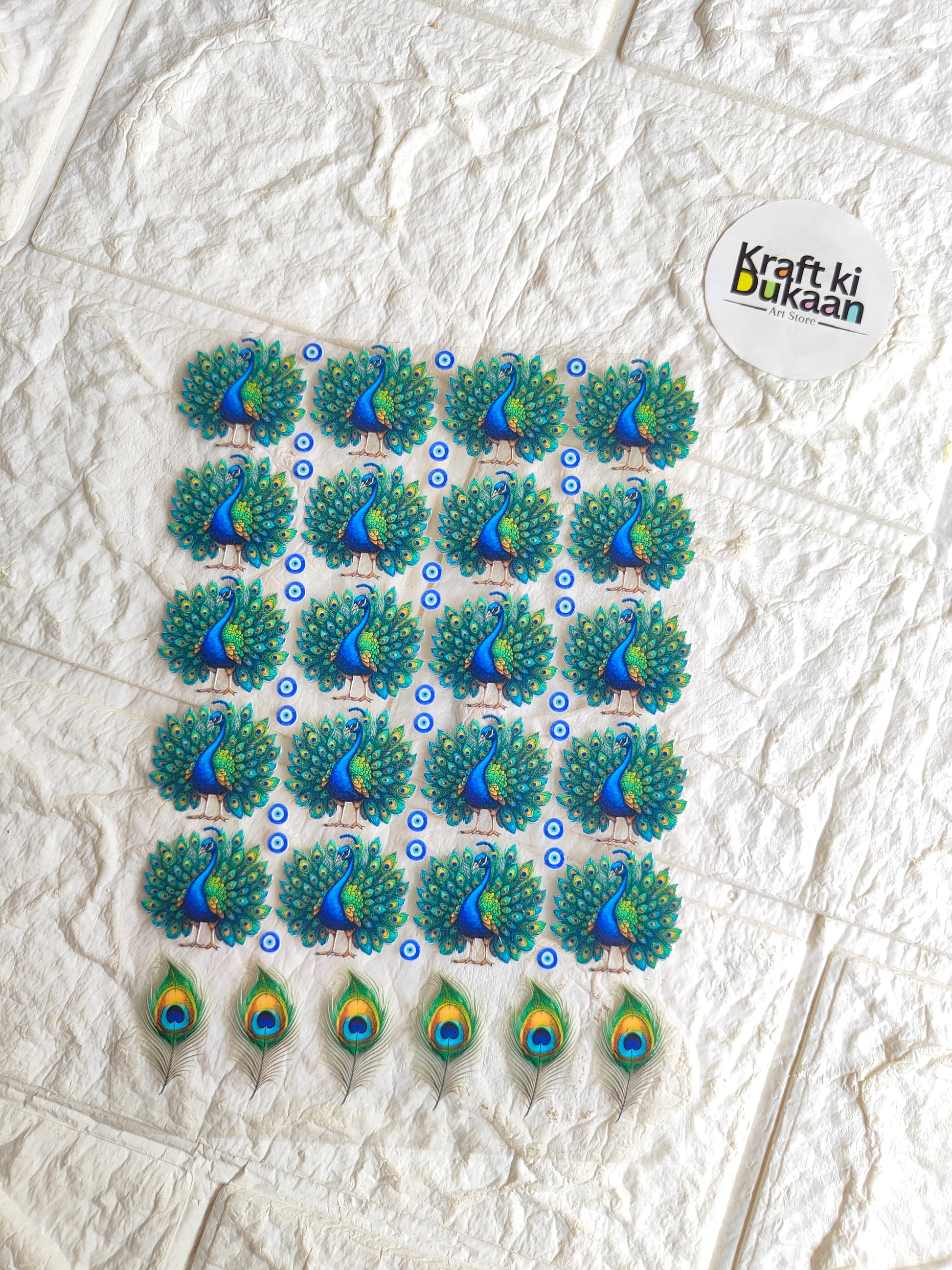 UV DTF peel-off sticker sheet with blue peacock feather decals