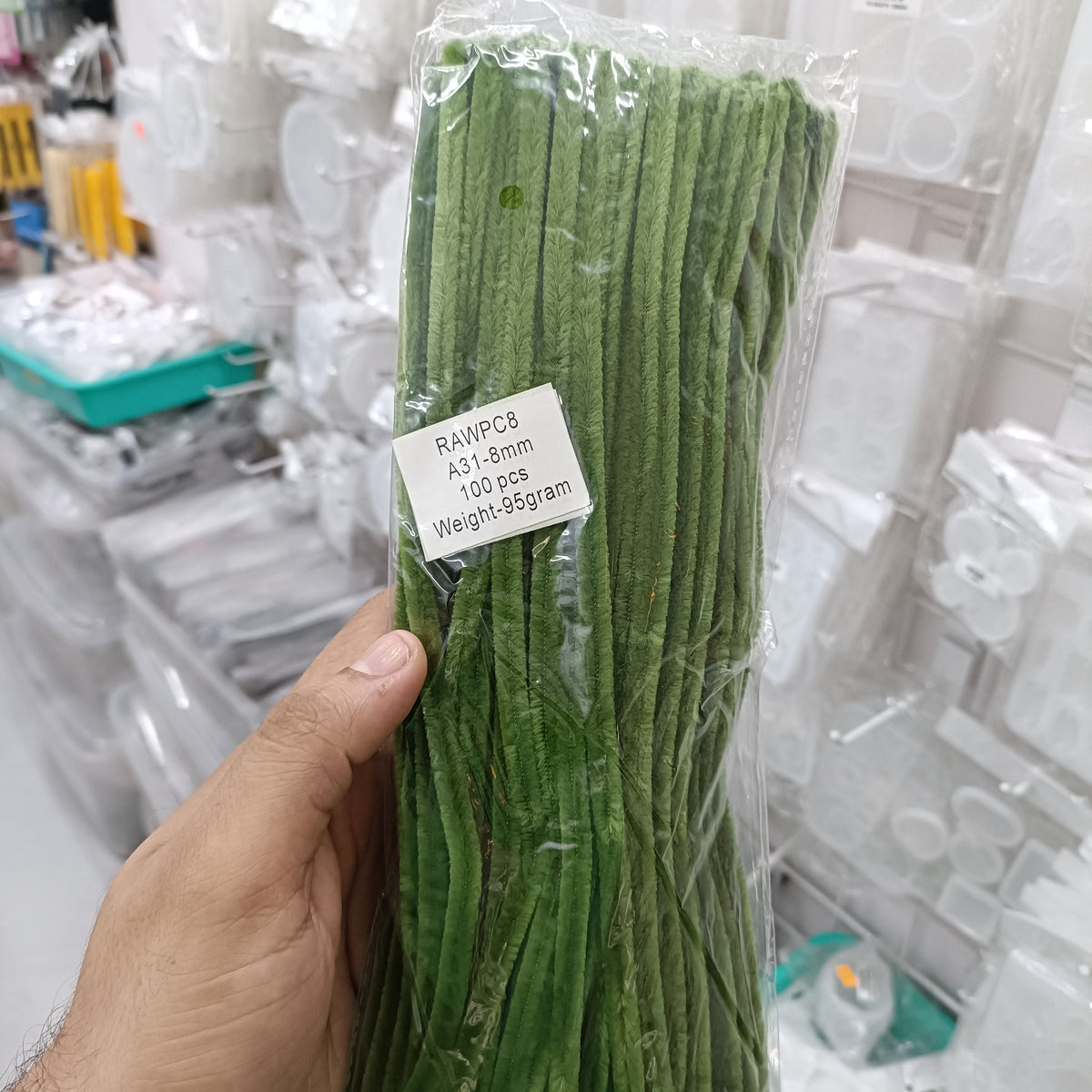 8mm pipe cleaner pack, dark green plain 100 pieces in bag