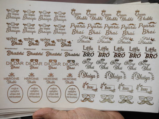 Gold embossed sticker sheet with text badges and small icons