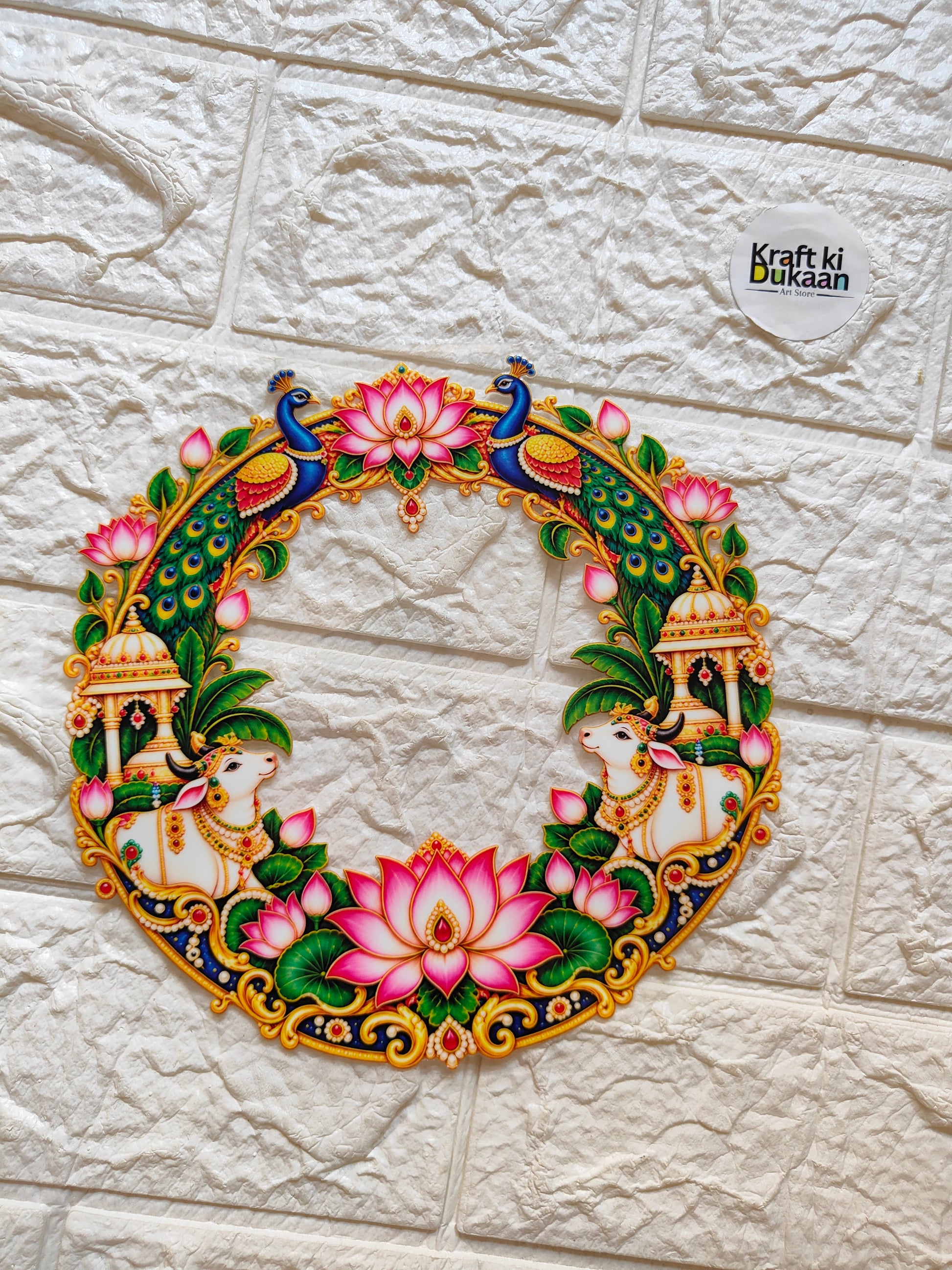 Round peel-off decorative sticker with blue peacocks, pink lotus flowers, and gold border.
