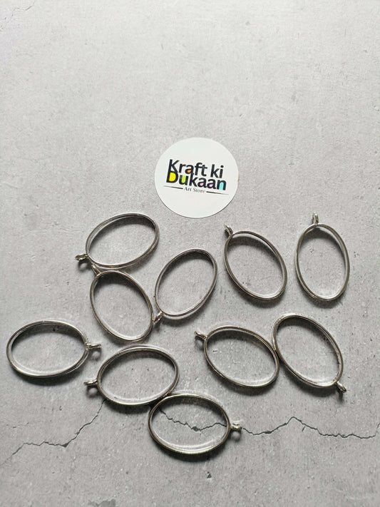 Silver oval bezel pendant set of 10, plain linked frames with small eye hooks