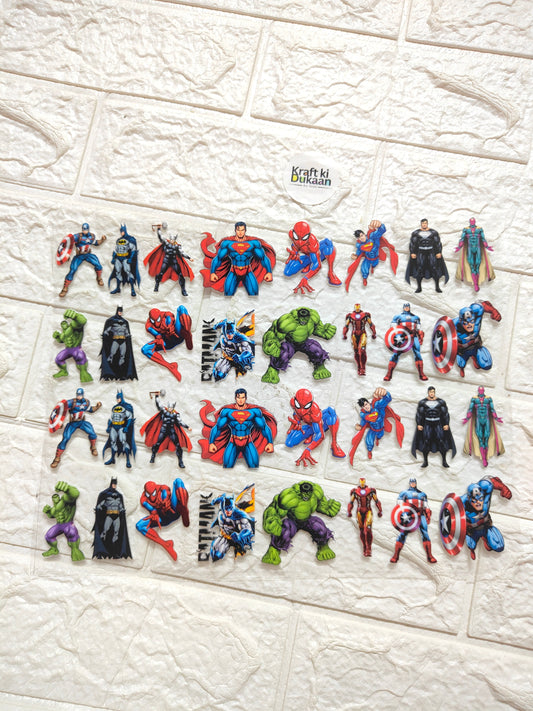 A4 UV DTF peel-off sticker sheet with multicolor superhero character designs