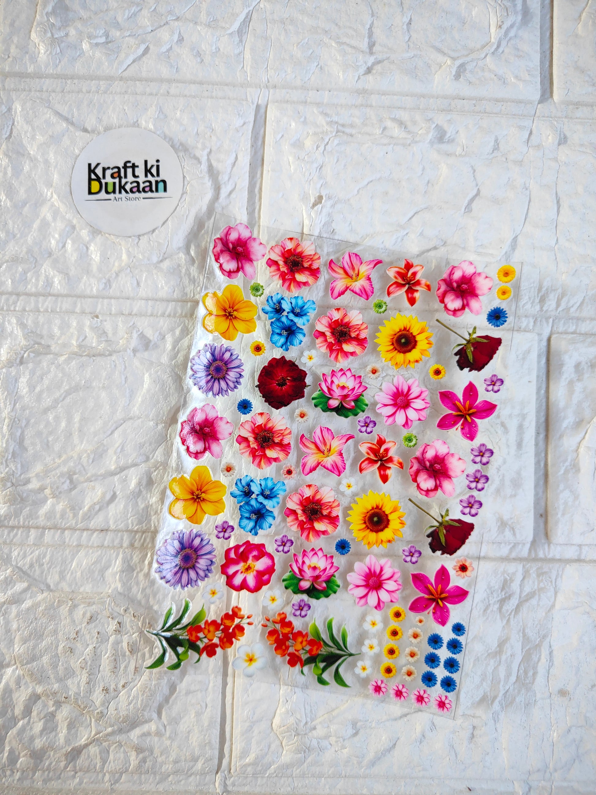 Peel-off sticker sheet with colorful floral and flower-shaped designs
