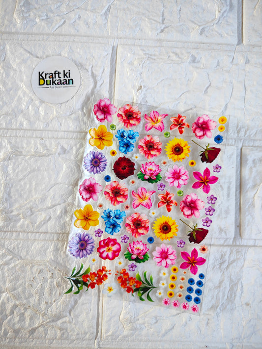 Peel-off sticker sheet with colorful floral and flower-shaped designs