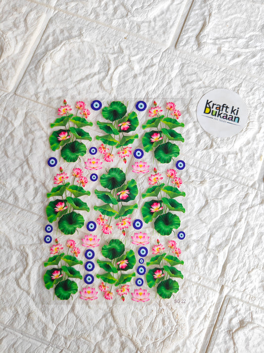 Peel-off sticker sheet with pink flowers, green leaves, and blue eye motifs