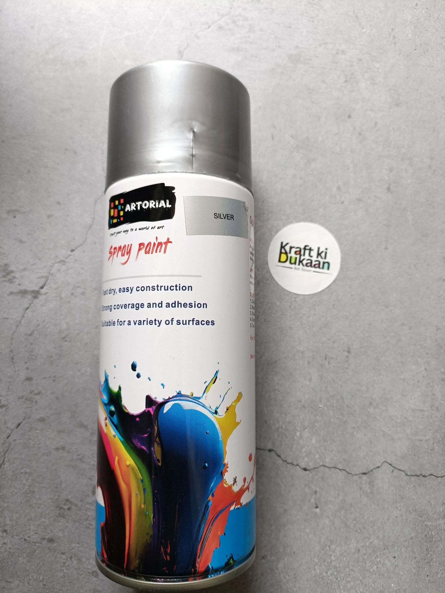 Silver spray paint can with “SILVER” label and “Kraft ki Dukaan” sticker
