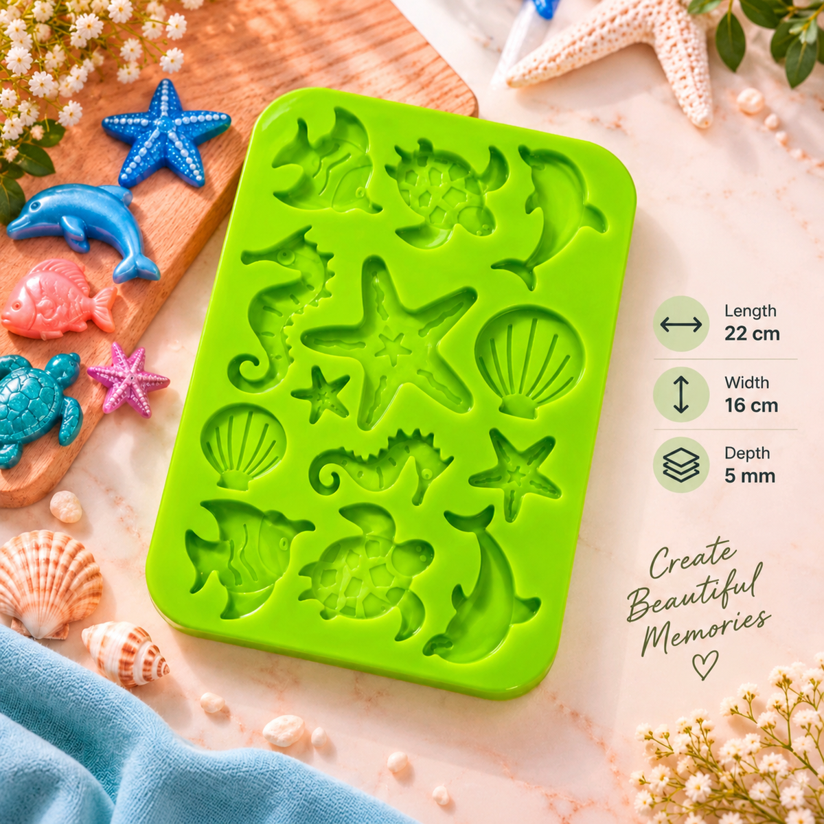 Green silicone sea-animal mould with detailed dolphin, starfish, shell and fish cavities