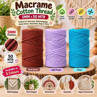 Macrame cotton thread spools in dark brown, light purple, and firozi on display