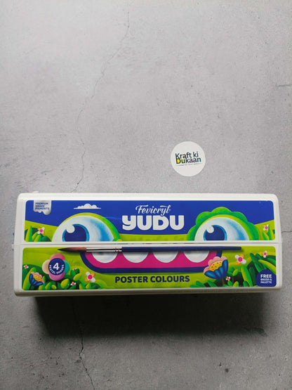 Fevicryl Yudu poster colour set box with brush and 4-color palette, front view