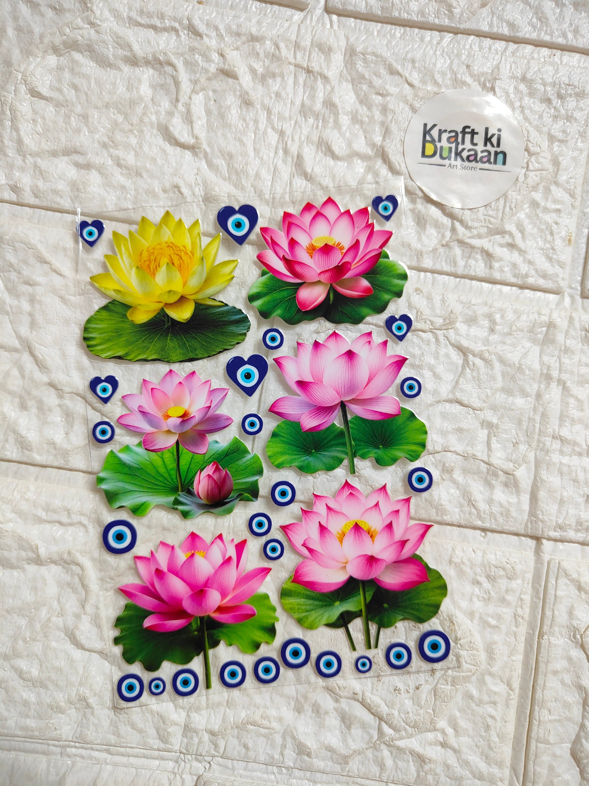 A6 peel-off sticker sheet with lotus flower decals, pink and yellow flowers with blue centers