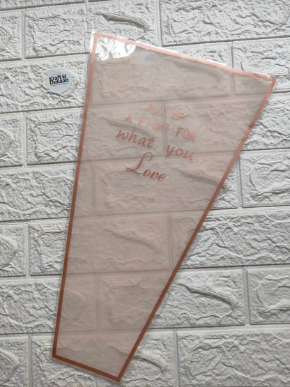 Bouquet cover sleeve in light pink with orange trim and “Love” text
