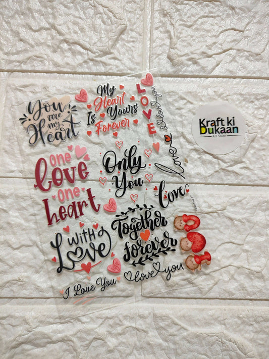 UV DTF peel-off sticker sheet with hearts, love words, and strawberries—Kraft ki Dukan