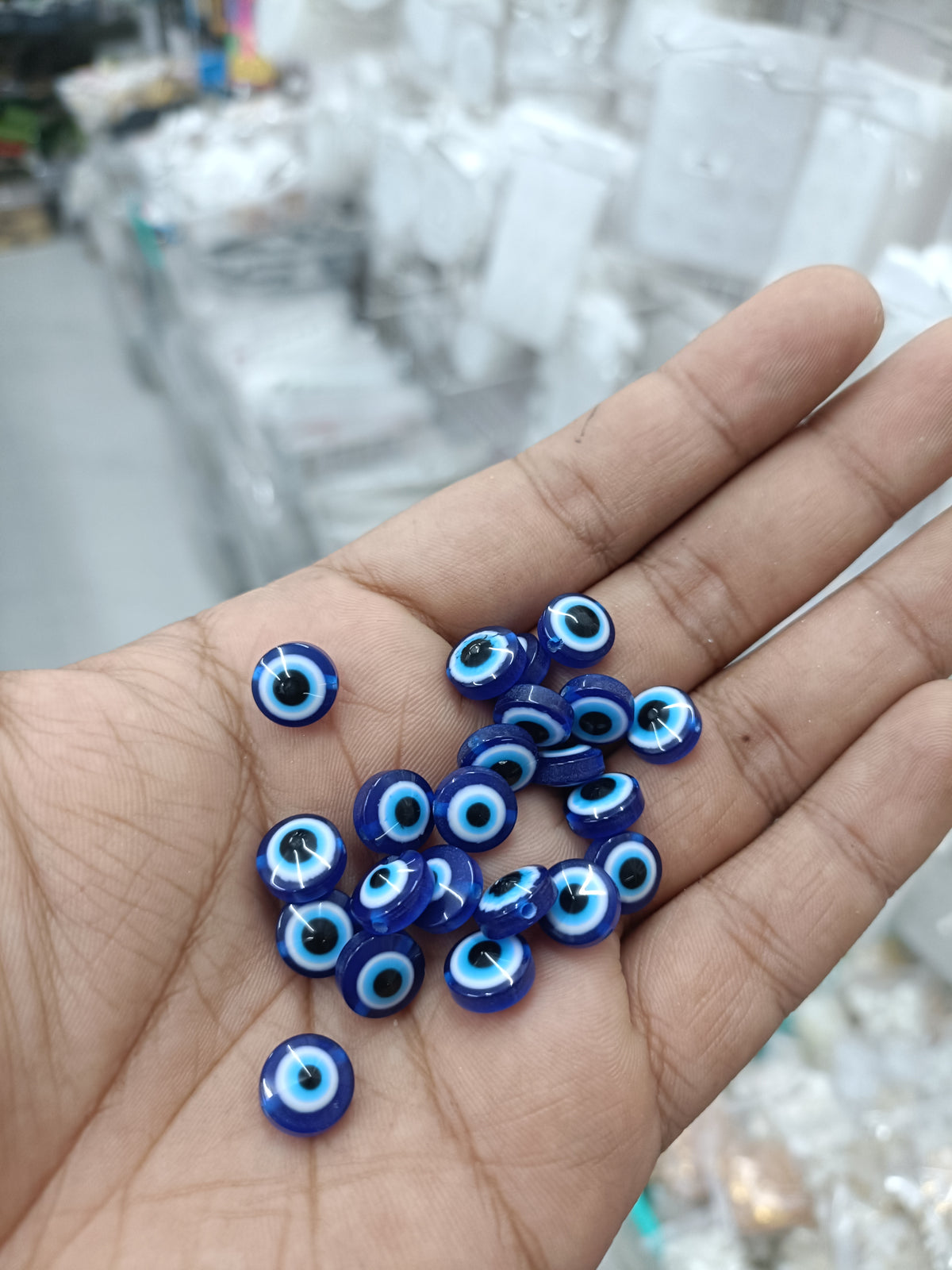 Evil-eye round beads, small blue and black glass disks with ringed eye design