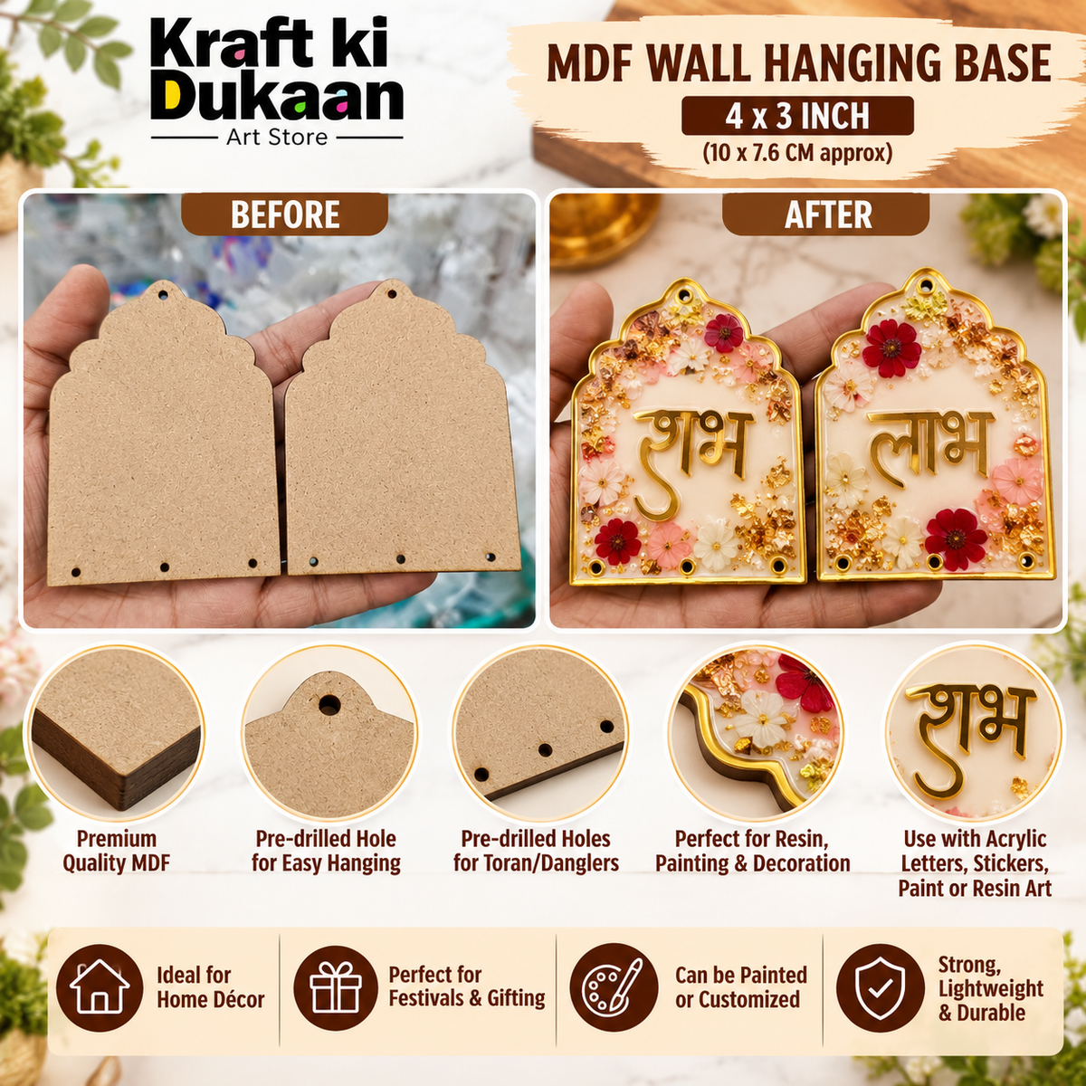Set of 2 MDF wall hanging bases, rounded tag shape with pre-drilled holes for crafting