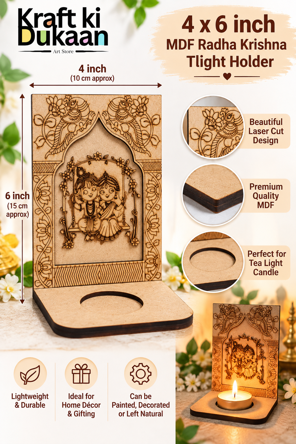 4x6 Radha Krishna MDF t-light holder with carved temple scene and candle base