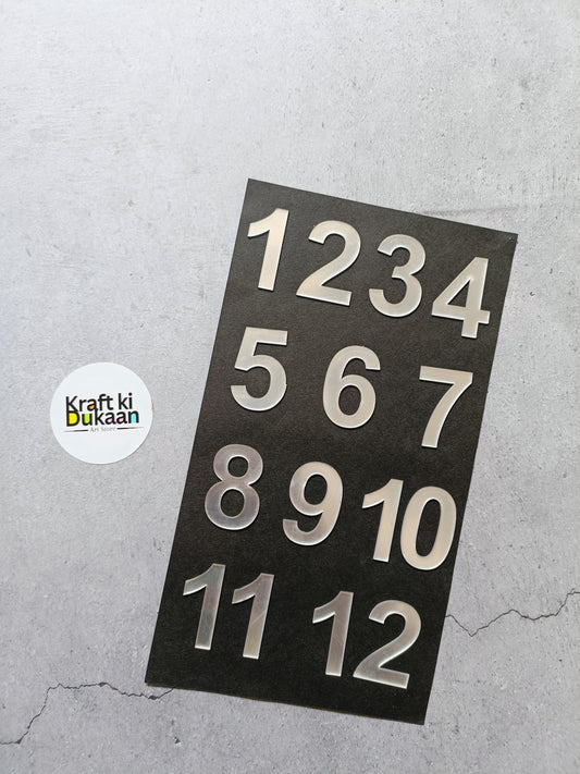 Silver acrylic English digit numbers 1–12 on dark backing sheet
