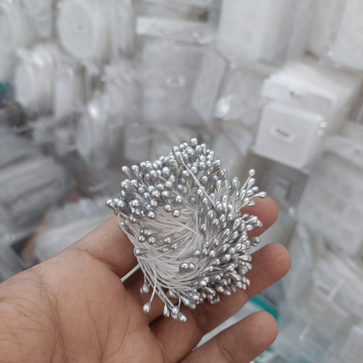 Silver artificial pollen spray with clustered bead-like florets and wire stems