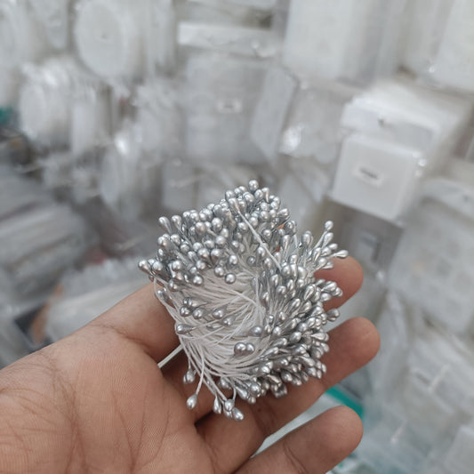 Silver artificial pollen spray with clustered bead-like florets and wire stems