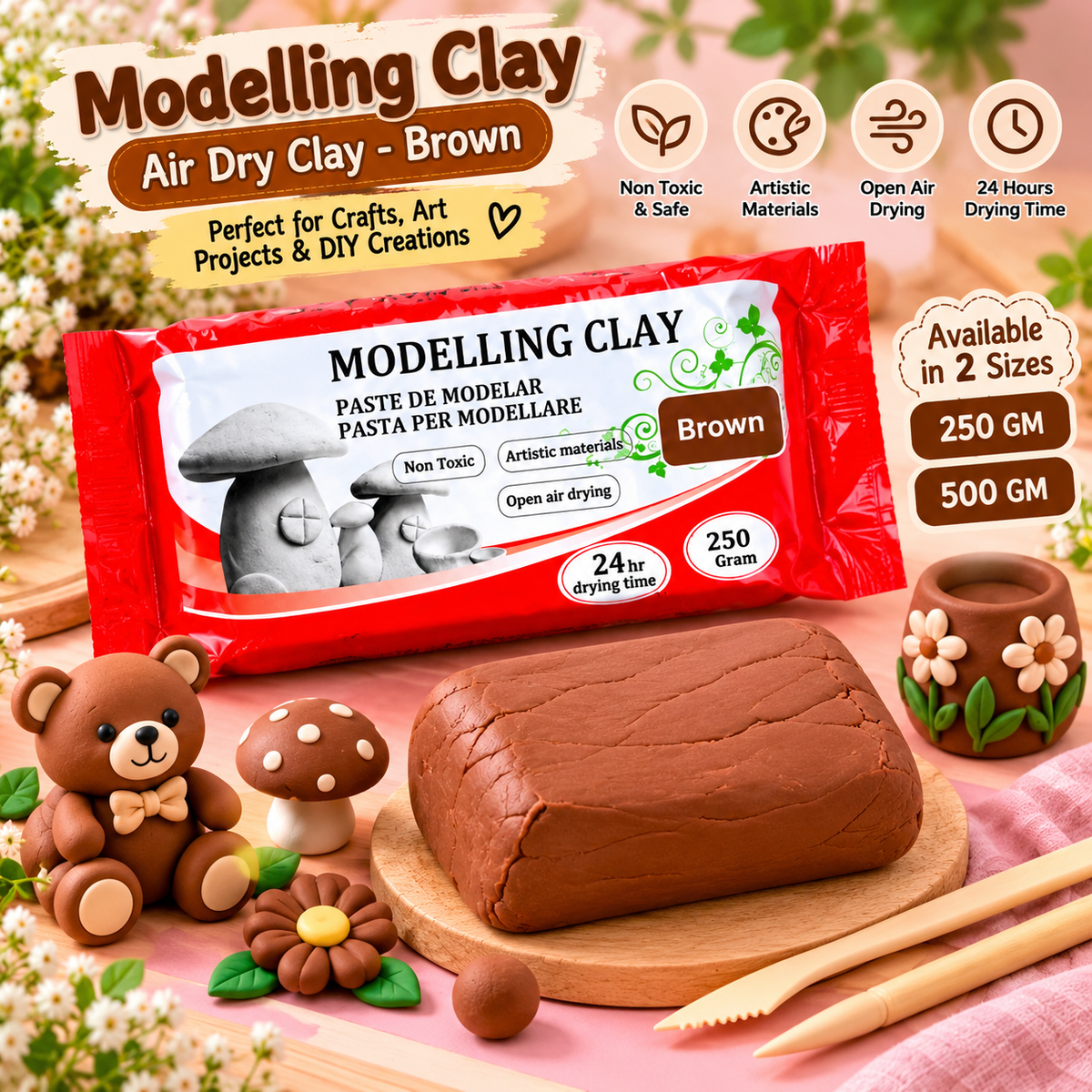 Brown air-dry modelling clay with sculpted bear and flower figures plus clay bar