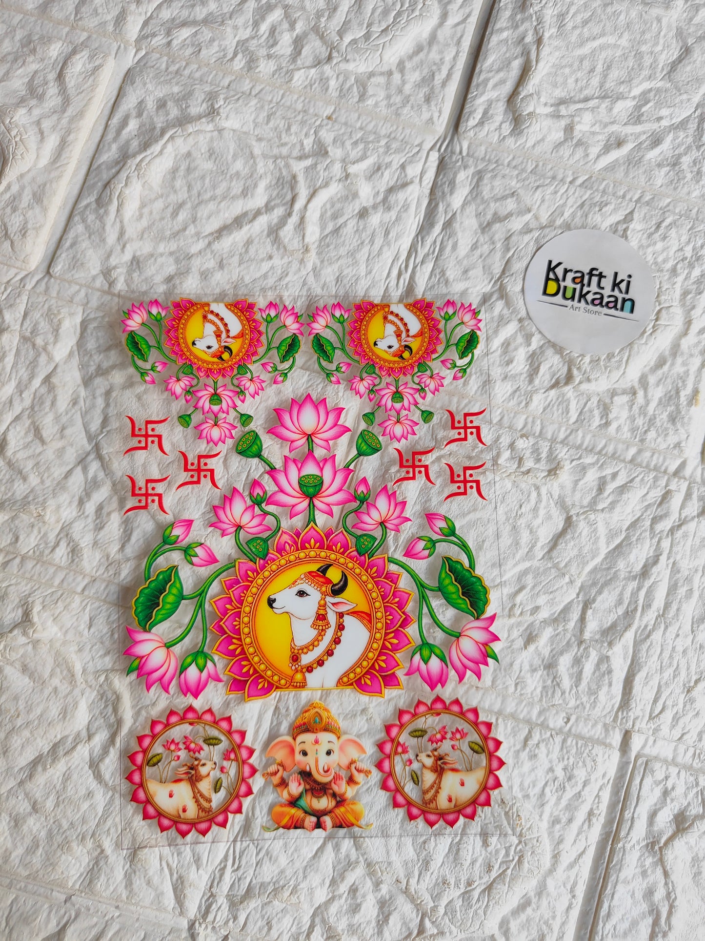 Peel off UV DTF sticker sheet with pink floral and goddess/elephant motifs, green accents
