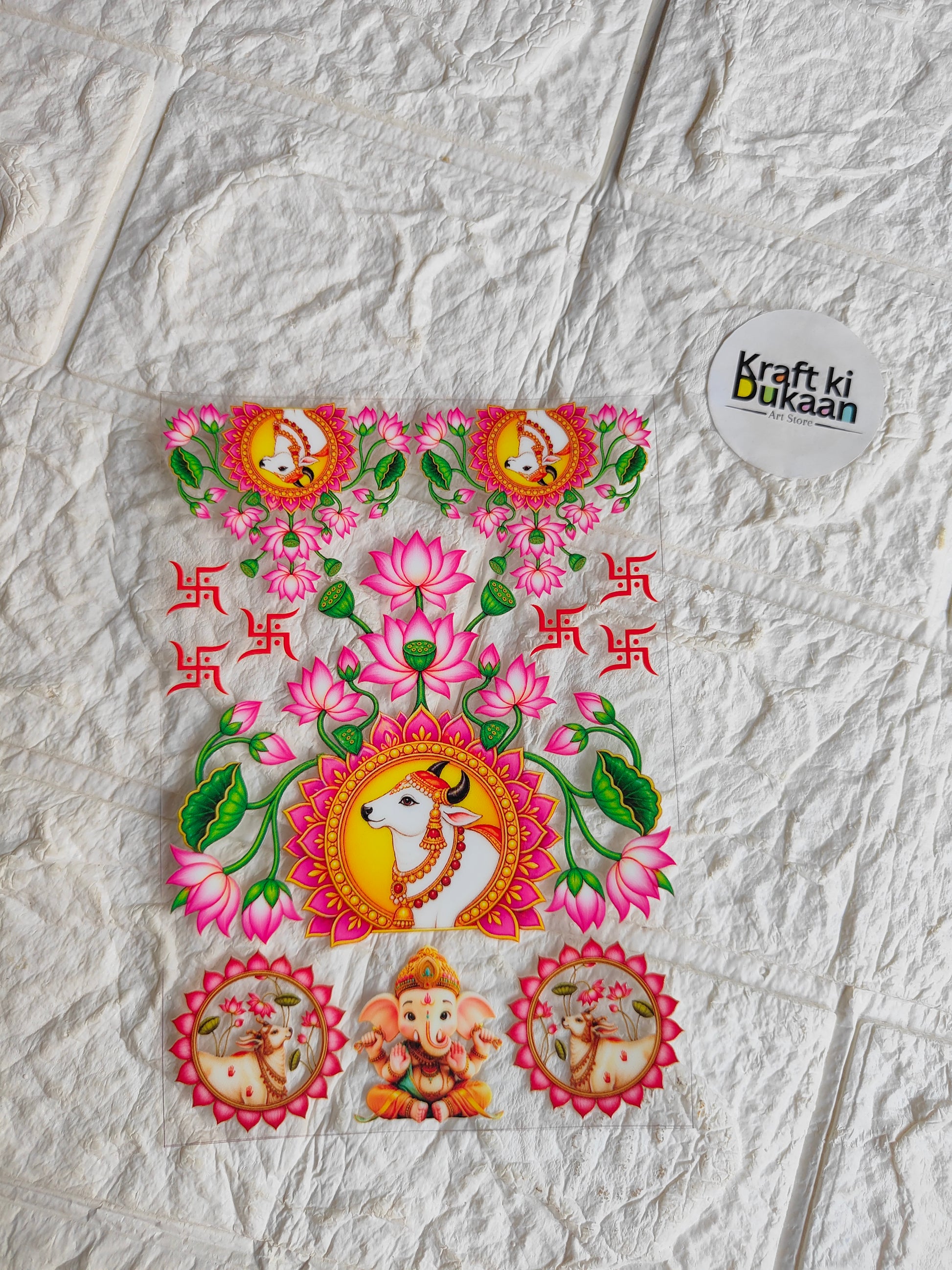 Peel off UV DTF sticker sheet with pink floral and goddess/elephant motifs, green accents