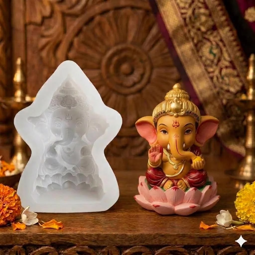 White Ganesh idol mould with lotus-base relief, with small Ganesha figurine