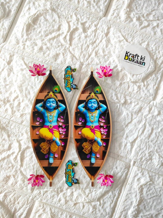 Peel-off sticker sheet with two colorful boat-shaped decals, blue figure and pink flowers