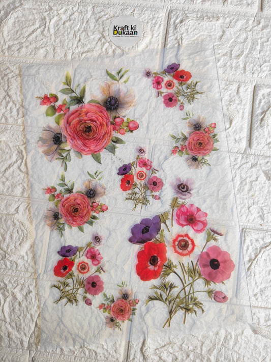 Floral A4 insert sheet with pink, red, purple flower cluster print