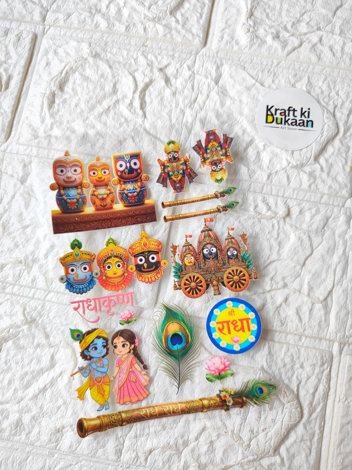 Peel-off UV DTF sticker sheet with colorful cartoon deities and peacock flute designs