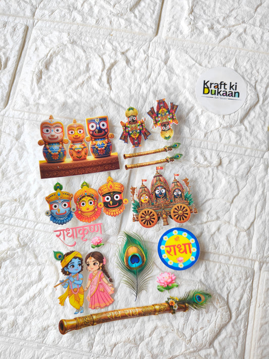 Peel-off UV DTF sticker sheet with colorful cartoon deities and peacock flute designs