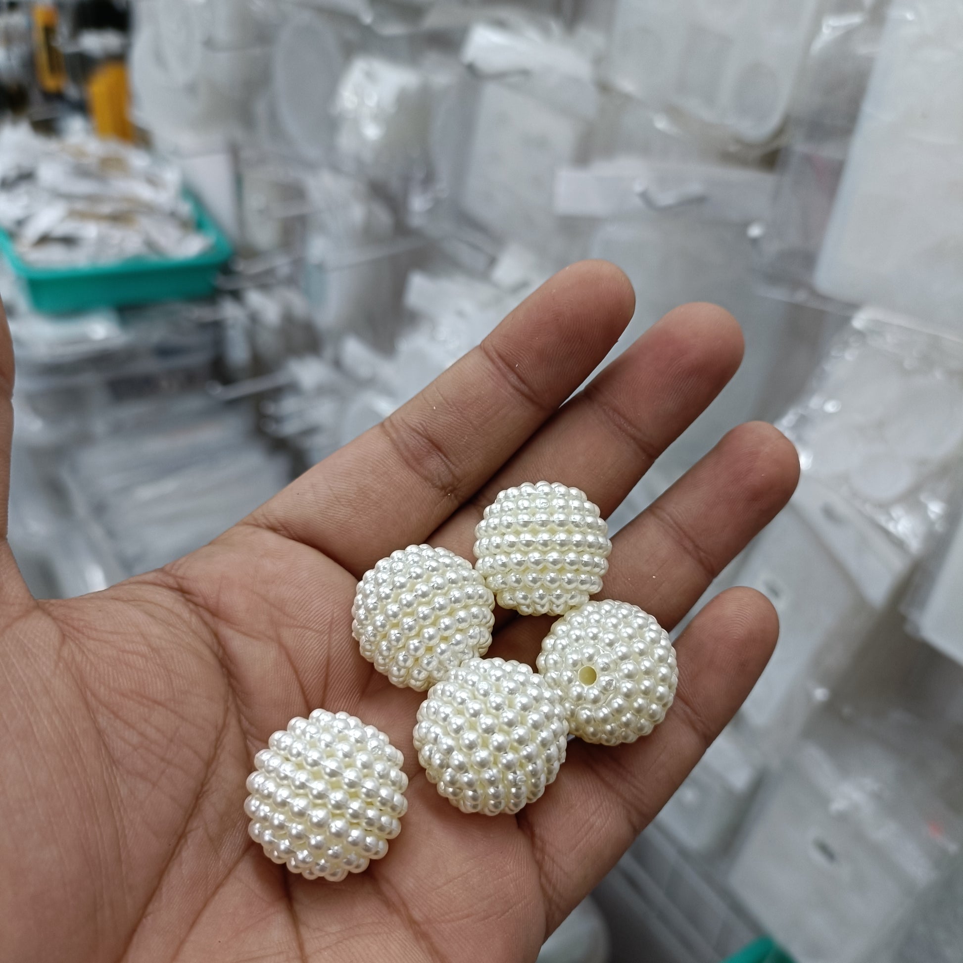 White pearl ball beads, 24mm round, iridescent texture; set of 10 beads